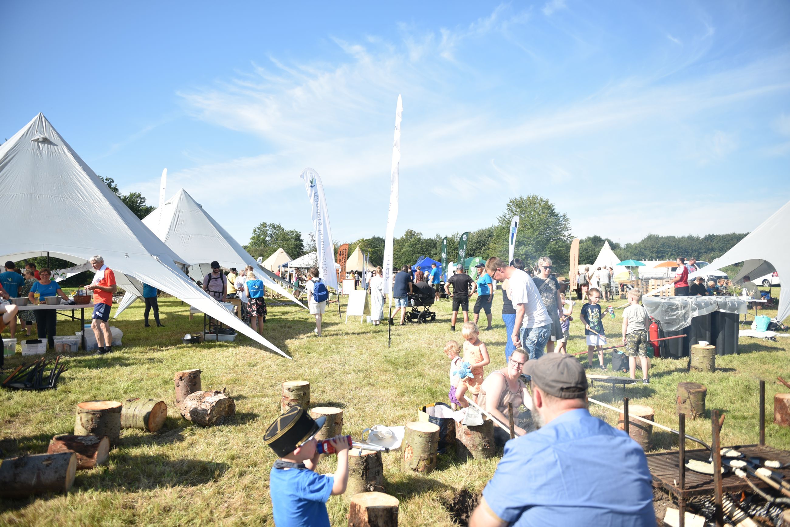 Naturfestival med græs, bål og telte.